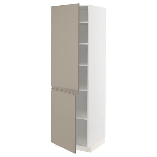 METOD high cabinet with shelves/2 doors, white/Upplöv matt dark beige, 60x60x200 cm