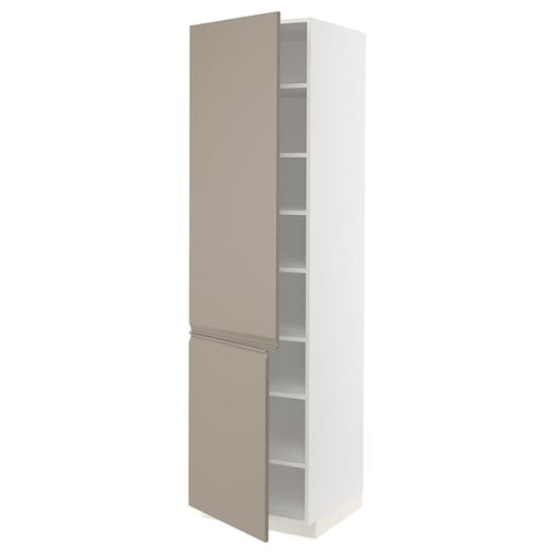 METOD high cabinet with shelves/2 doors, white/Upplöv matt dark beige, 60x60x220 cm
