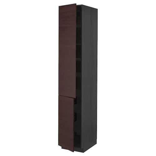 METOD - High cabinet with shelves/2 doors, black Askersund/dark brown ash effect, 40x60x220 cm