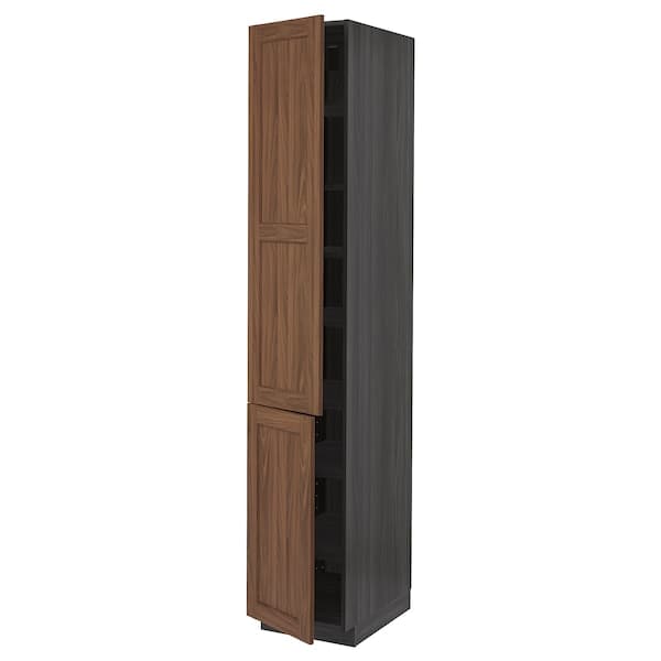METOD - High cabinet with shelves/2 doors, black Enköping/brown walnut effect, 40x60x220 cm - best price from Maltashopper.com 19476385