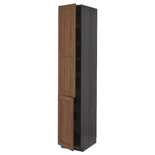 METOD - High cabinet with shelves/2 doors, black Enköping/brown walnut effect, 40x60x220 cm