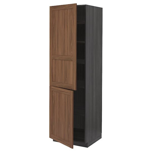 METOD - High cabinet with shelves/2 doors, black Enköping/brown walnut effect, 60x60x200 cm
