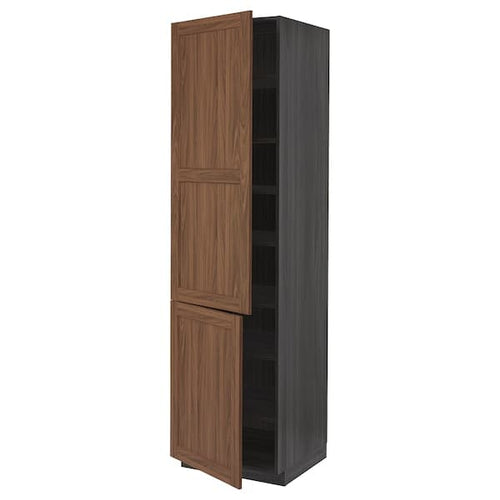 METOD - High cabinet with shelves/2 doors, black Enköping/brown walnut effect, 60x60x220 cm