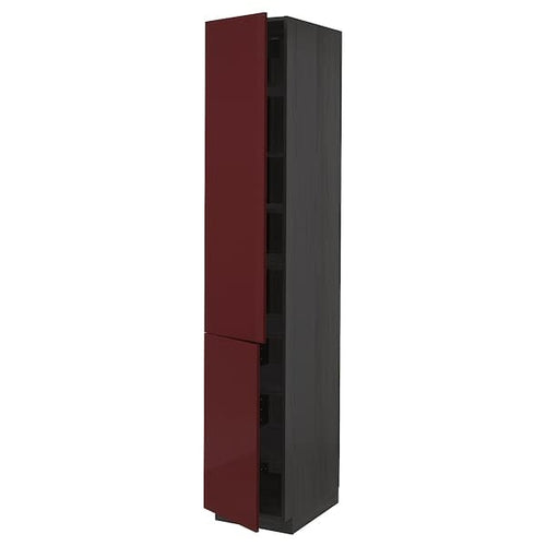 METOD - High cabinet with shelves/2 doors, black Kallarp/high-gloss dark red-brown, 40x60x220 cm