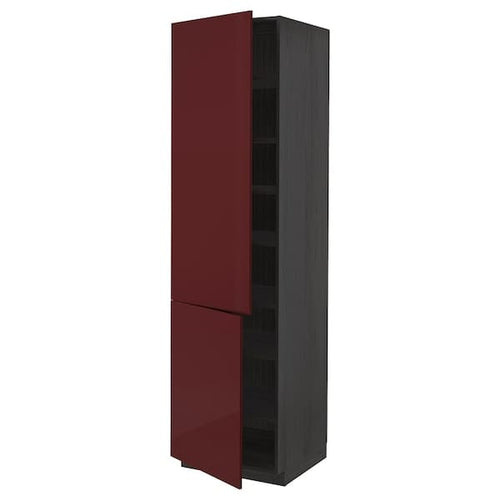 METOD - High cabinet with shelves/2 doors, black Kallarp/high-gloss dark red-brown, 60x60x220 cm