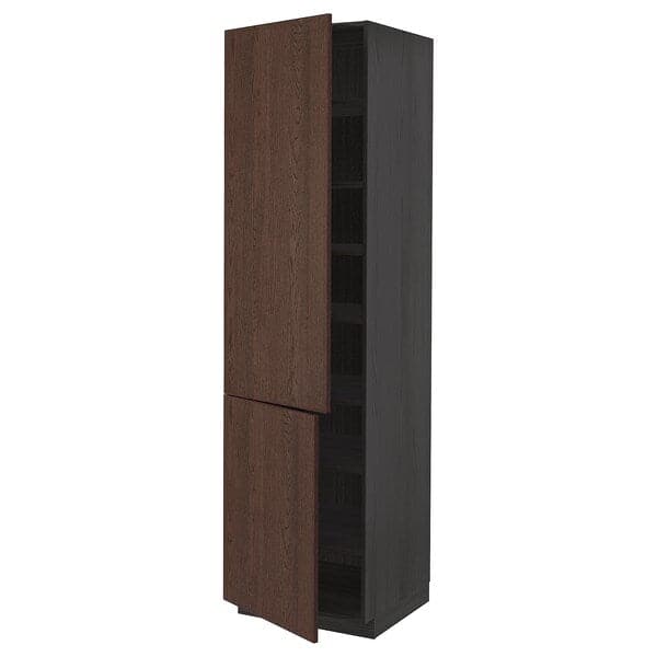 METOD - High cabinet with shelves/2 doors, black/Sinarp brown, 60x60x220 cm - best price from Maltashopper.com 79470168