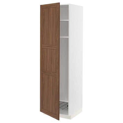 METOD - High cabinet w shelves/wire basket, white Enköping/brown walnut effect, 60x60x200 cm