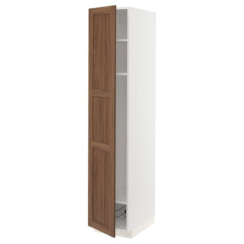 METOD - High cabinet w shelves/wire basket, white Enköping/brown walnut effect, 40x60x200 cm