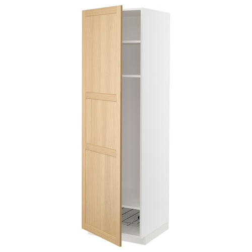 METOD - High cabinet w shelves/wire basket, white/Forsbacka oak, 60x60x200 cm