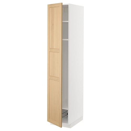 METOD - METOD High cabinet w shelves/wire basket, white/Forsbacka oak, 40x60x200 cm