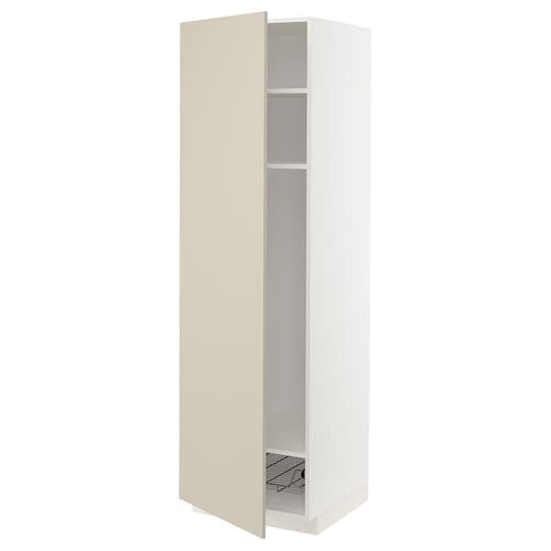 METOD - High cabinet w shelves/wire basket, white/Havstorp beige, 60x60x200 cm