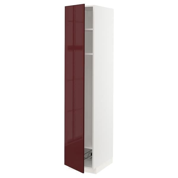 METOD - High cabinet w shelves/wire basket, white Kallarp/high-gloss dark red-brown, 40x60x200 cm - best price from Maltashopper.com 89460381