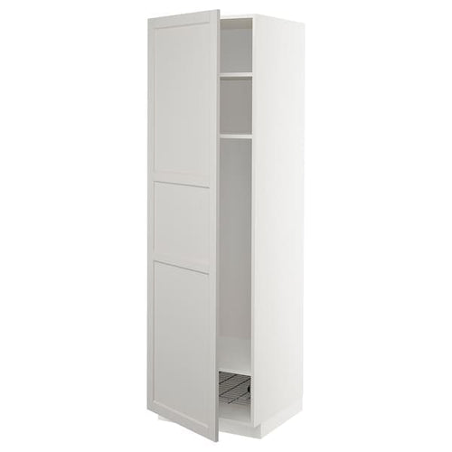 METOD - METOD High cabinet w shelves/wire basket, white/Lerhyttan light grey, 60x60x200 cm