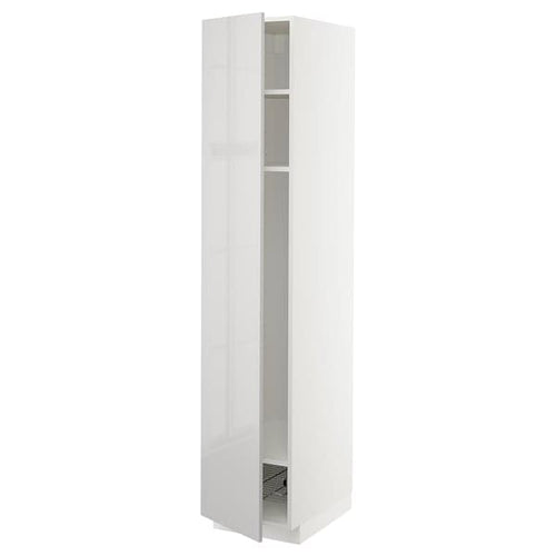 METOD - METOD High cabinet w shelves/wire basket, white/Ringhult light grey, 40x60x200 cm