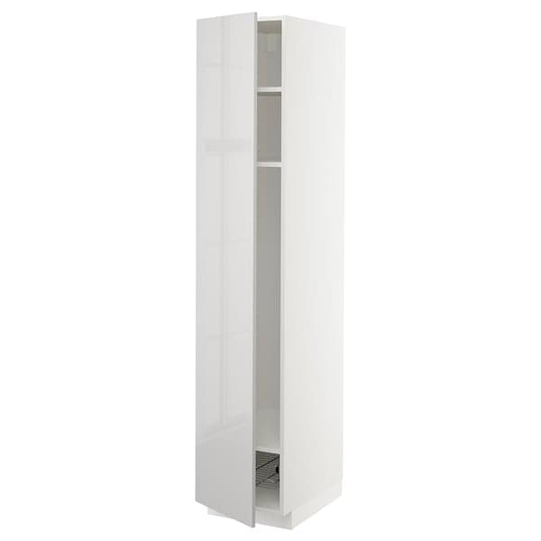 METOD - High cabinet w shelves/wire basket, white/Ringhult light grey, 40x60x200 cm