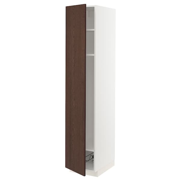 METOD - High cabinet w shelves/wire basket, white/Sinarp brown, 40x60x200 cm - best price from Maltashopper.com 89470083