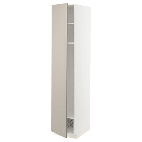 METOD - METOD High cabinet w shelves/wire basket, white/Stensund beige, 40x60x200 cm