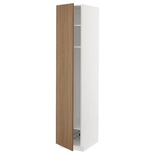 METOD - High cabinet w shelves/wire basket, white/Tistorp brown walnut effect, 40x60x200 cm