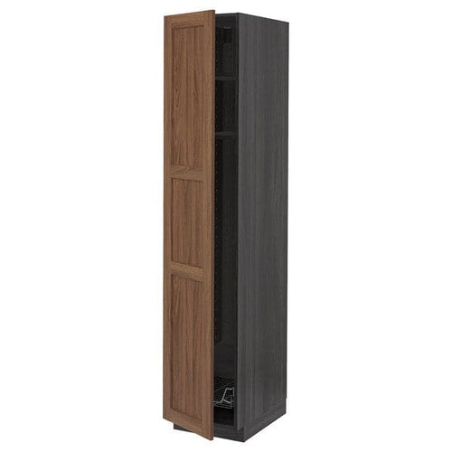 METOD - High cabinet w shelves/wire basket, black Enköping/brown walnut effect, 40x60x200 cm