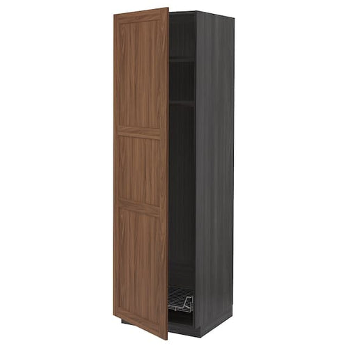 METOD - High cabinet w shelves/wire basket, black Enköping/brown walnut effect, 60x60x200 cm