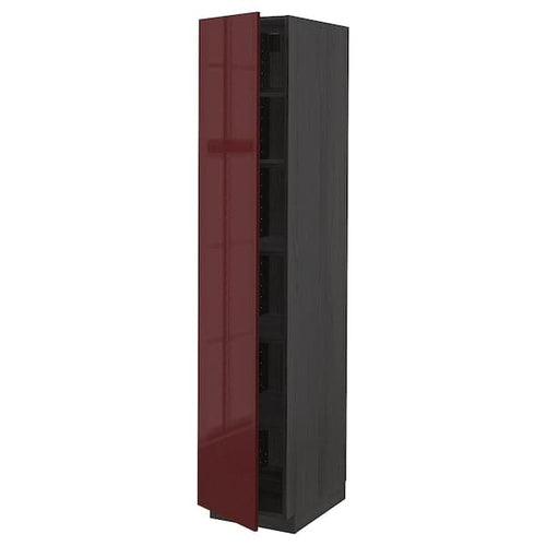 METOD - High cabinet with shelves, black Kallarp/high-gloss dark red-brown , 40x60x200 cm
