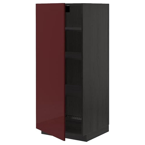 METOD - High cabinet with shelves, black Kallarp/high-gloss dark red-brown, 60x60x140 cm