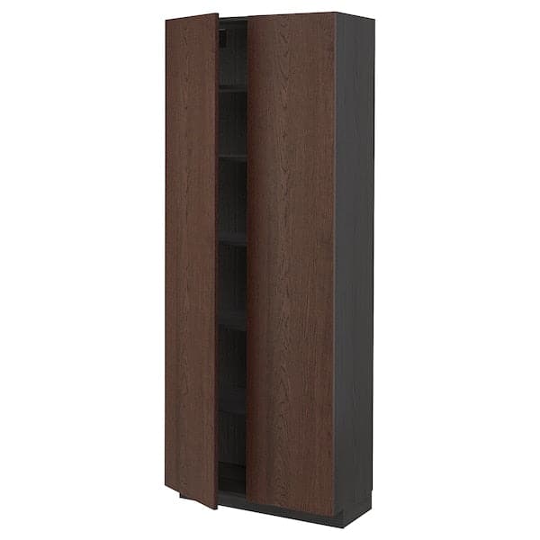 METOD - High cabinet with shelves, black/Sinarp brown, 80x37x200 cm - best price from Maltashopper.com 19460105