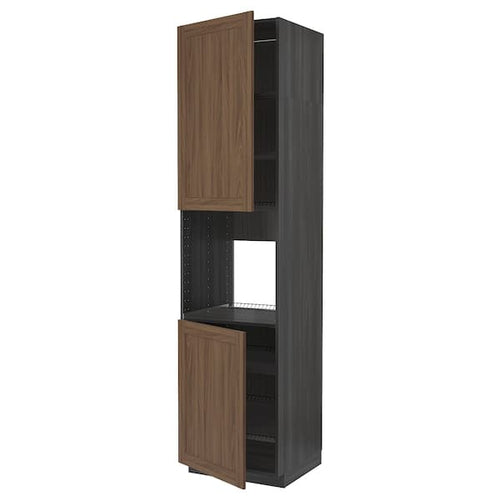 METOD - High cab f oven w 2 doors/shelves, black Enköping/brown walnut effect, 60x60x240 cm
