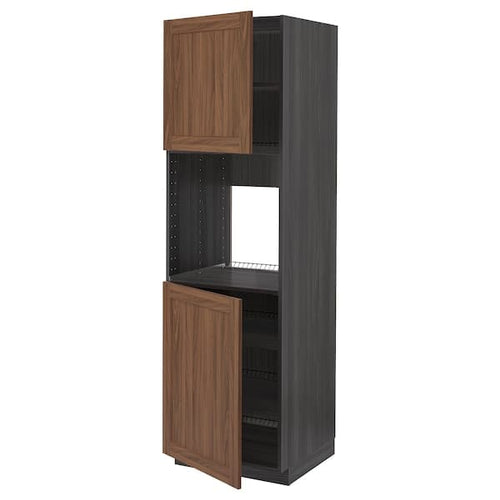 METOD - High cab f oven w 2 doors/shelves, black Enköping/brown walnut effect, 60x60x200 cm