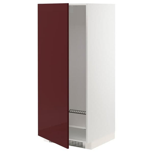 METOD - High cabinet for fridge/freezer, white Kallarp/high-gloss dark red-brown , 60x60x140 cm