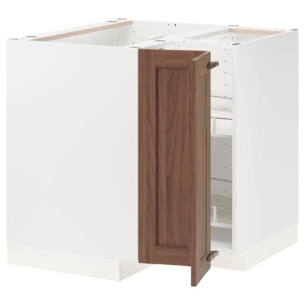 METOD - Corner base cabinet with carousel, white Enköping/brown walnut effect, 88x88 cm - best price from Maltashopper.com 19475239