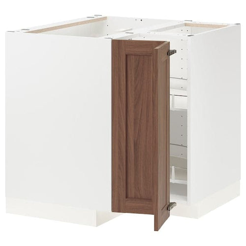 METOD - Corner base cabinet with carousel, white Enköping/brown walnut effect, 88x88 cm