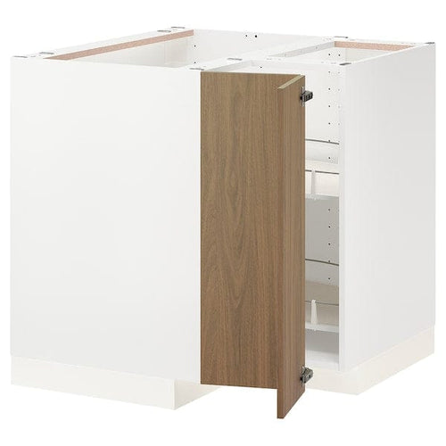 METOD - Corner base cabinet with carousel, white/Tistorp brown walnut effect, 88x88 cm