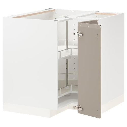 METOD - Corner base cabinet with carousel, white/Upplöv matt dark beige, 88x88 cm