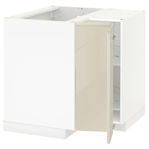 METOD - Corner base cabinet with carousel, white/Voxtorp high-gloss light beige, 88x88 cm - best price from Maltashopper.com 89345782