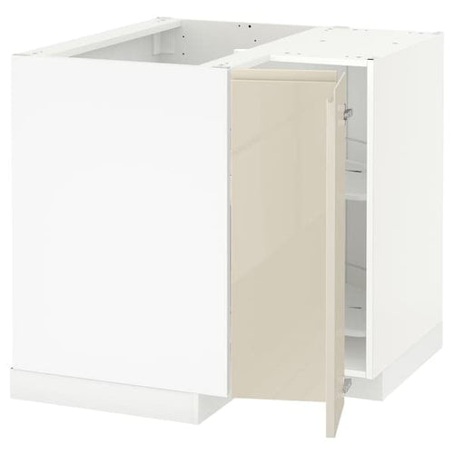 METOD - Corner base cabinet with carousel, white/Voxtorp high-gloss light beige, 88x88 cm