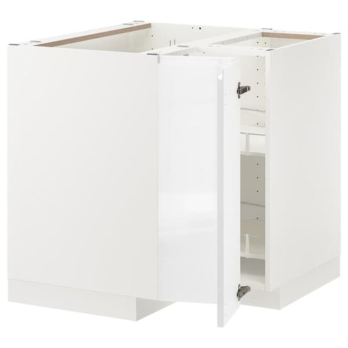 METOD - Corner base cabinet with carousel, white/Voxtorp high-gloss/white, 88x88 cm