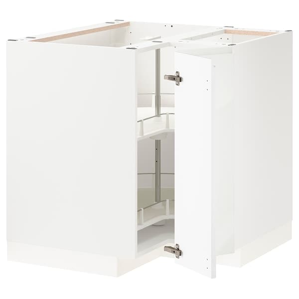 METOD - Corner base cabinet with carousel, white/Voxtorp high-gloss/white, 88x88 cm