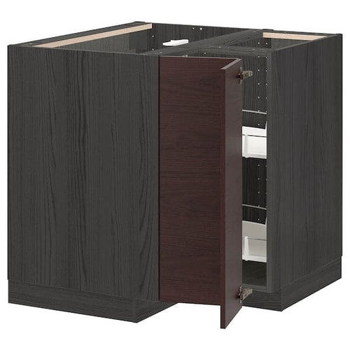 METOD - Corner base cabinet with carousel, black Askersund/dark brown ash effect, 88x88 cm