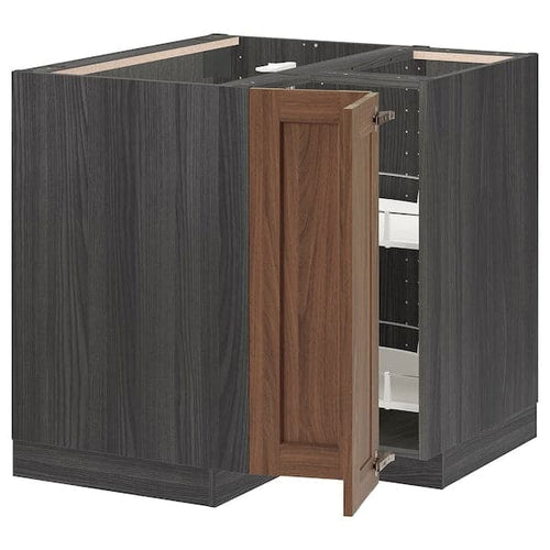 METOD - Corner base cabinet with carousel, black Enköping/brown walnut effect, 88x88 cm