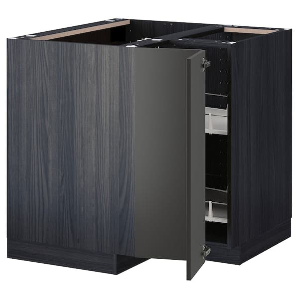 METOD - Corner base cabinet with carousel, black/Nickebo matt anthracite, 88x88 cm