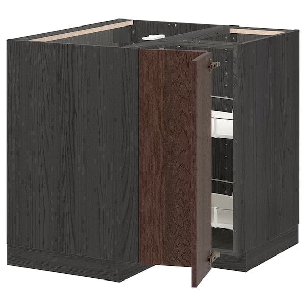 METOD - Corner base cabinet with carousel, black/Sinarp brown, 88x88 cm - best price from Maltashopper.com 69405791