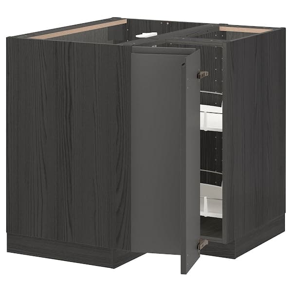 METOD corner base cabinet with carousel, black/Voxtorp dark grey