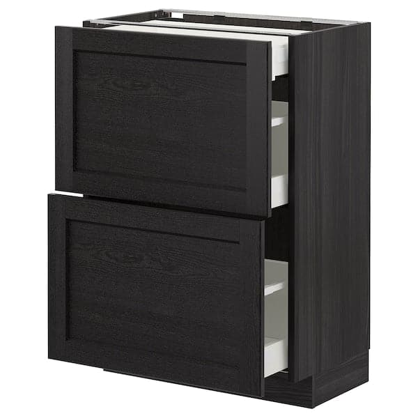 METOD - Base cab with 2 fronts/3 drawers, black/Lerhyttan black stained, 60x37 cm - best price from Maltashopper.com 09260041
