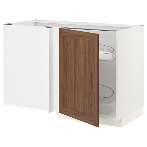 METOD - Corner base cab w pull-out fitting, white Enköping/brown walnut effect, 128x68 cm