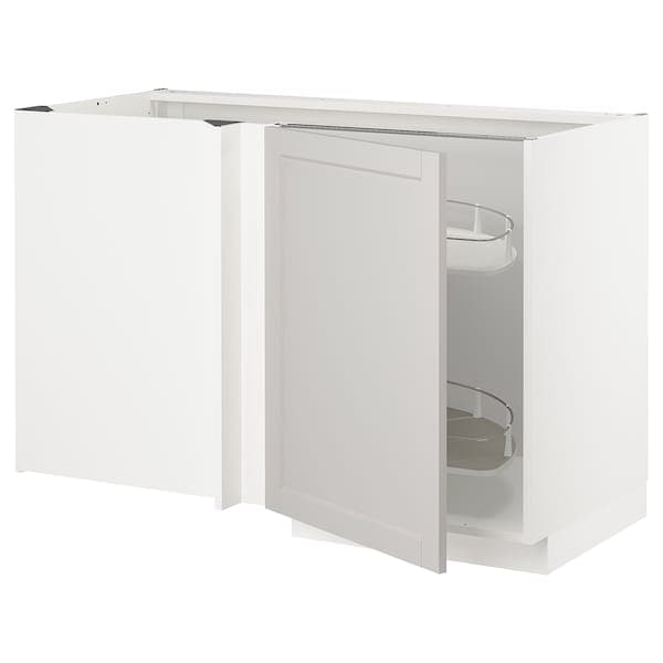 METOD - Corner base cab w pull-out fitting, white/Lerhyttan light grey, 128x68 cm