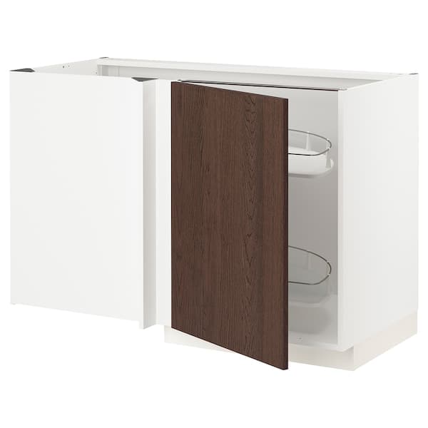 METOD - Corner base cab w pull-out fitting, white/Sinarp brown , 128x68 cm - best price from Maltashopper.com 49467191