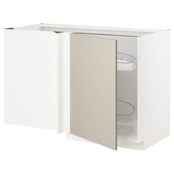 METOD - Corner base cab w pull-out fitting, white/Stensund beige, 128x68 cm