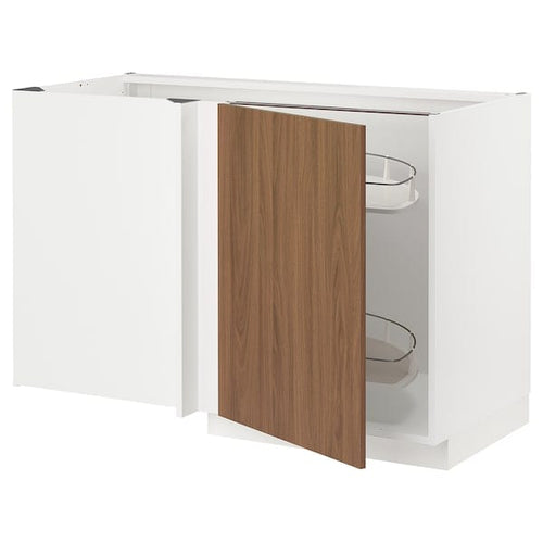 METOD - Corner base cab w pull-out fitting, white/Tistorp brown walnut effect, 128x68 cm