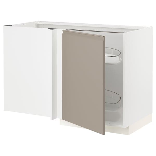 METOD - Corner base cab w pull-out fitting, white/Upplöv matt dark beige, 128x68 cm